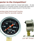 Front view of turbo boost leak tester gauge (0-30 psi) with metal housing; side view shows 1/8-in NPT brass adapter.