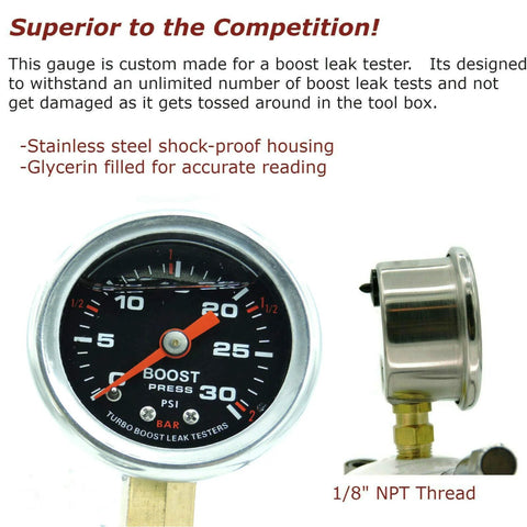 Front view of turbo boost leak tester gauge (0-30 psi) with metal housing; side view shows 1/8-in NPT brass adapter.
