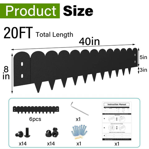 Heavy Duty Galvanized Steel Landscape Edging Kit 20 Foot With Scalloped Design dimensions and included accessories