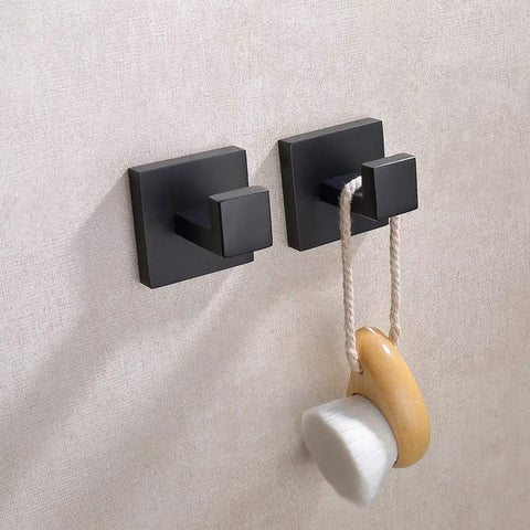 Matte Black Stainless Steel Wall Hooks Two Pack Heavy Duty Coat and Towel Hangers for Bathroom and Kitchen Square Modern Mount Rustproof and Durable Perfect for Coats Towels Bags Hats