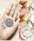 Premium Stainless Steel Jump Rings Set With 600 Pieces In Four Sizes; shown next to quarter, ring tool, and jewelry application.