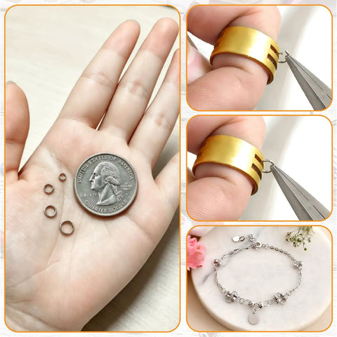 Premium Stainless Steel Jump Rings Set With 600 Pieces In Four Sizes; shown next to quarter, ring tool, and jewelry application.