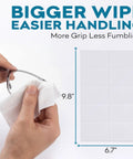 Big Lens Wipes 50 Count For Glasses, Watches, Screens And More Clean Smudge Free With Quick Dry Isopropyl Alcohol Streak Free Shine Wipes 9.8 By 6.7 Inch For Lenses And Displays showing application on glasses with size dimensions.