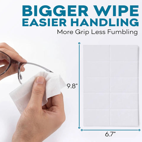 Big Lens Wipes 50 Count For Glasses, Watches, Screens And More Clean Smudge Free With Quick Dry Isopropyl Alcohol Streak Free Shine Wipes 9.8 By 6.7 Inch For Lenses And Displays showing application on glasses with size dimensions.