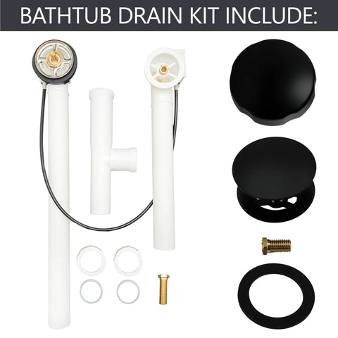 Heavy Duty Matte Black Bath Drain Trim Kit With 27 Inch Cable Drive Rotary Overflow Knob And European Pop Up Stopper Includes Poly Pipes And Pro Level Fittings built for easy installation.