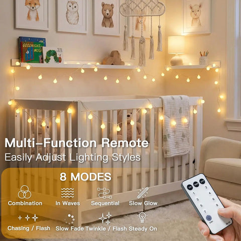 Warm White 33Ft 100 LED Connectable Globe String Lights With Remote around crib in decorated nursery