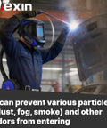 Welder using Powered Air Purifying Welding Helmet With Rechargeable Respirator System True Color Vision 4 Arc Sensors