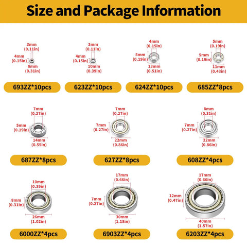 70 Piece Ball Bearings Set Pro Grade For 3D Printers Skateboards And Furniture Wheels With 10 Sizes Deep Groove Carbon Steel Bearings 693ZZ 623ZZ 624ZZ 685ZZ 687ZZ 627ZZ 608ZZ 6000ZZ 6903ZZ 6203ZZ size chart