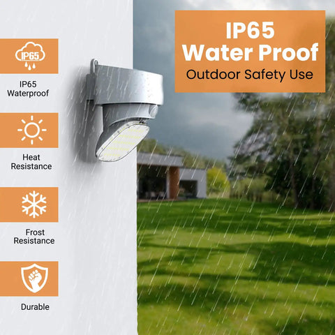 Solar Led Outdoor Flood Light With Motion Sensor Wireless Security Lighting For Backyard Fence Deck And Patio Dusk To Dawn 2000 Lumens White Multi Directional Lamp Easy Install No Wiring, mounted on a wall in rain, showing IP65 waterproof rating.