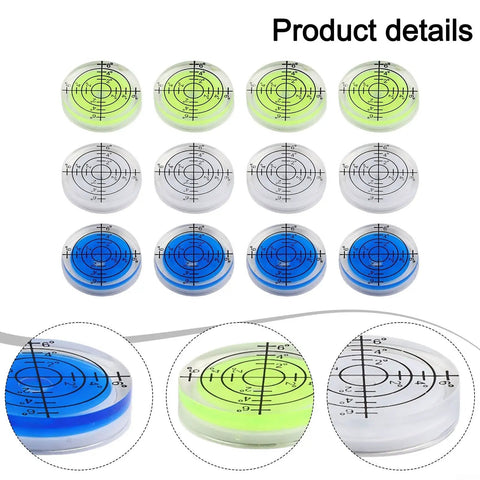 Round Bubble Level 32mm 12 Pack Circular for spirit Levels for acrylic in vibrant colors with precise measurement markings.