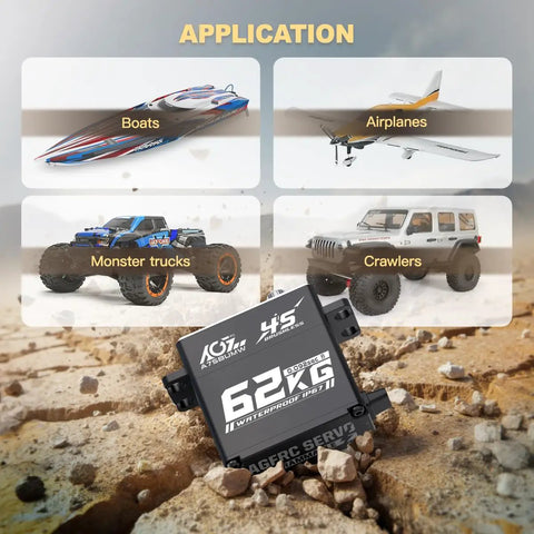 Beefy 62Kg Torque Waterproof Steering Servo with applications for boats, airplanes, monster trucks, and crawlers