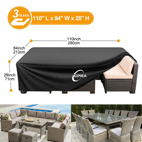Heavy Duty Waterproof Patio Furniture Covers For Table And Chairs Set All Weather Protection UV Resistant No Tears Or Fading 110 Inch Long By 84 Inch Wide By 28 Inch High Durable 420D Fabric covering outdoor sofa and chairs