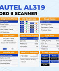 AL319 OBD2 Diagnostic Scanner interface showing diagnostic menus and live data options for vehicle diagnostics