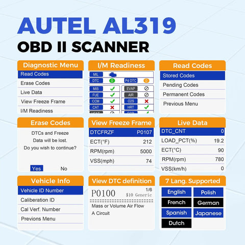 AL319 OBD2 Diagnostic Scanner interface showing diagnostic menus and live data options for vehicle diagnostics
