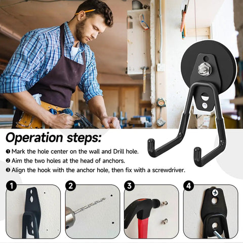 Heavy Duty Magnetic Hooks 4 Pack With Anti Slip Rubber Coating Neodymium Base Delivers Up To 25 Lbs Hold, installation process with steps.
