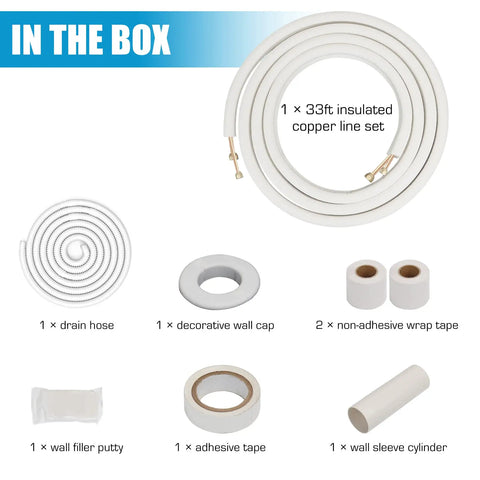 33 Ft Insulated Copper Mini Split Line Set 1/4 Inch And 3/8 Inch For Ductless AC With Accessories Shown in Box