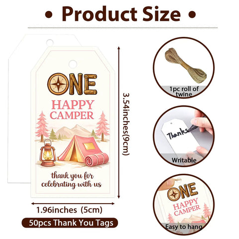 Pink One Happy Camper First Birthday Thank You Tags 50 Pack With Twine showcasing size and writable tag surface.