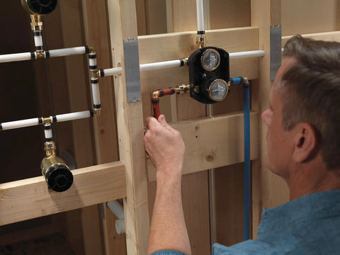 Installing Universal Shower Diverter Rough-In Valve With MultiChoice Inlets And Outlets champagne bronze in bathroom remodel