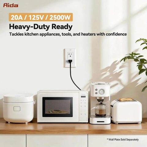 Heavy Duty 20 Amp Tamper Resistant Decorator Outlet Nema 5-20R Residential Receptacle With Self Grounding Terminal UL Certified White Wall Socket powering kitchen appliances on countertop.