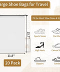 Diagram showing 20 Pack Clear Travel Shoe Bags With Drawstring Large 15.7 By 11.8 Inches Waterproof for various shoe types.