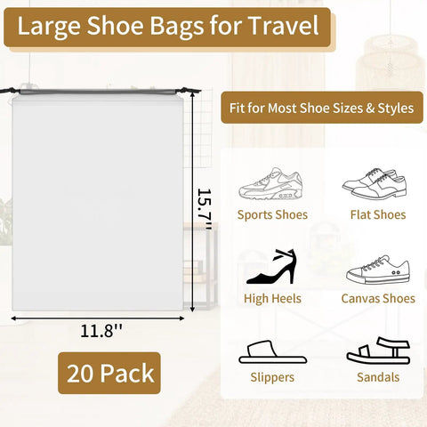 Diagram showing 20 Pack Clear Travel Shoe Bags With Drawstring Large 15.7 By 11.8 Inches Waterproof for various shoe types.