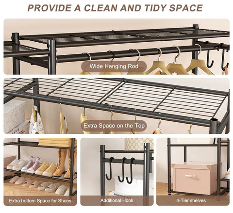 Sturdy Clothes Organizer And Storage Closet Rack With Hanging Rod And Four Shelves For Tops Coats Dresses And Accessories