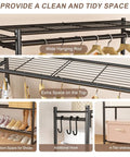 Image of an All In One Wardrobe Closet Organizer With Hanging Rod And Four Shelves Free Standing Portable Clothing Rack features, showing wide hanging rod, extra top space, shoe storage, additional hooks, and 4-tier shelves.