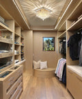 Modern square flush mount ceiling light fixture with four lights and raindrop crystal drops in a stylish closet.
