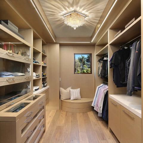 Modern square flush mount ceiling light fixture with four lights and raindrop crystal drops in a stylish closet.