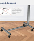 H-shaped base of Heavy Duty Adjustable Overbed Table With Dead Simple Height Changes showing stability and smooth rolling casters.