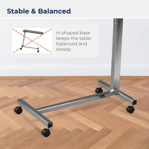 H-shaped base of Heavy Duty Adjustable Overbed Table With Dead Simple Height Changes showing stability and smooth rolling casters.