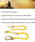 Double Leg 6 Foot Fall Protection Lanyard With Internal Shock Absorber showcasing snap and rebar hook connectors in yellow color.