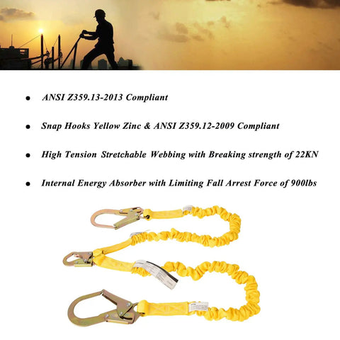 Double Leg 6 Foot Fall Protection Lanyard With Internal Shock Absorber showcasing snap and rebar hook connectors in yellow color.