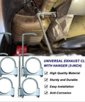 3 Inch Universal Exhaust Clamp With Hanger Set Of 4 Pcs for 3 Inch Exhaust Pipes shown installed and detached
