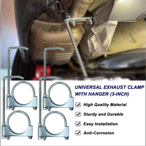 3 Inch Universal Exhaust Clamp With Hanger Set Of 4 Pcs for 3 Inch Exhaust Pipes shown installed and detached