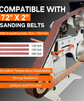 Tough As Nails 2X72 Belt Grinder Sander With A Rock Solid 1500W Motor and 2.2KW VFD showing 72x2 sanding belts of different grits.