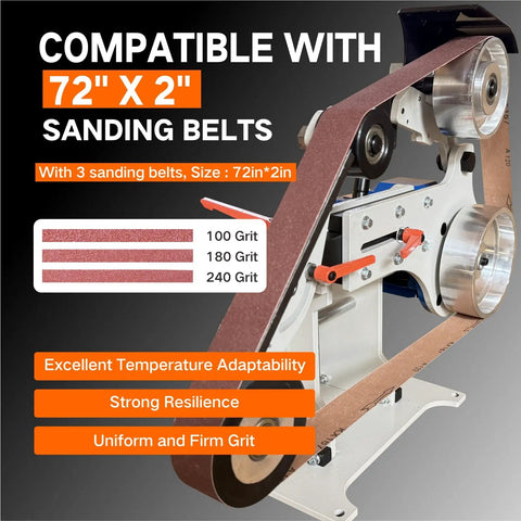 Tough As Nails 2X72 Belt Grinder Sander With A Rock Solid 1500W Motor and 2.2KW VFD showing 72x2 sanding belts of different grits.
