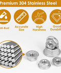 Built Tough 105 Piece Serrated Flange Hex Lock Nut Assortment Kit In Rust Resistant 304 Stainless Steel With Five Handy Sizes displayed with highlights.