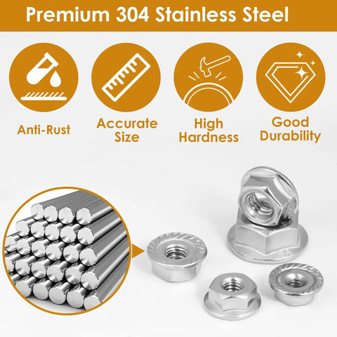 Built Tough 105 Piece Serrated Flange Hex Lock Nut Assortment Kit In Rust Resistant 304 Stainless Steel With Five Handy Sizes displayed with highlights.