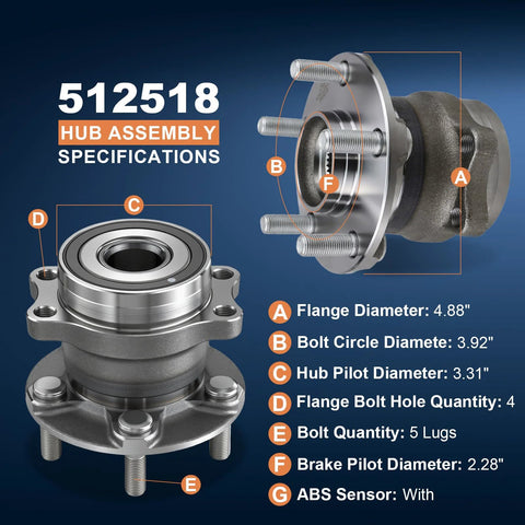 Rear Wheel Bearing Hub Assembly For Subaru Crosstrek Impreza Forester And XV Crosstrek With Five Lug And ABS OEM Quality Replacement Hub For 2012 To 2021 Models Easy Install Plug And Play with specifications diagram