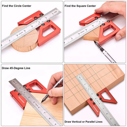 Boss Grade Circle Center Finder Tool For Woodworking And Carpentry features adjustable ruler marking center on round wood.