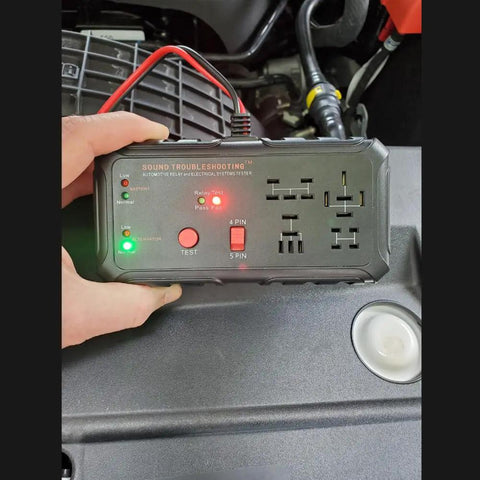 12V Automotive Relay Tester Kit with Battery and Alternator Check in use, showing 4 and 5 pin relay slots and status lights.