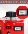 Close-up of Heavy Duty Auto AC Variable Voltage Transformer 10 Amp with voltmeter dial, red enclosure, and power switch
