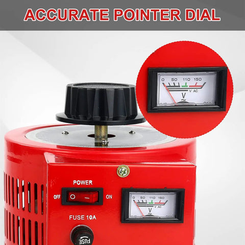 Close-up of Heavy Duty Auto AC Variable Voltage Transformer 10 Amp with voltmeter dial, red enclosure, and power switch