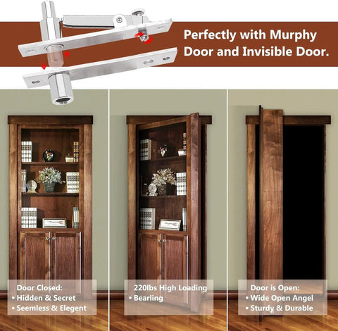 Heavy Duty Pivot Hinge Set With Stainless Steel Ball Catch For Wood Doors And Hidden Bookcases Featuring 360 Rotation And Invisible Hardware that showcases a concealed door with a side view.