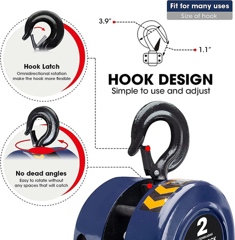Detailed diagram of ATR9020UR 2 Ton Manual Hand Lift Chain Block Hoist With 2 Heavy Duty Hooks, showing hook design and latch mechanism.