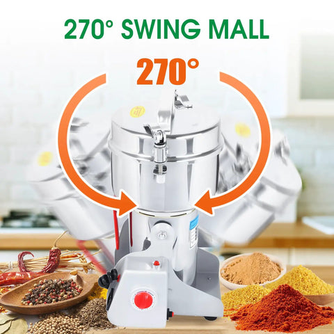 Heavy Duty 1000g Commercial Grain Grinder With 32000 RPM Electric Mill in stainless steel with spices display