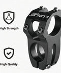 Beefy Aluminum Bike Stem 25.4mm Or 31.8mm Handlebar Fit, 28.6mm Steerer, detailed view with high strength and quality icons.