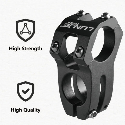 Beefy Aluminum Bike Stem 25.4mm Or 31.8mm Handlebar Fit, 28.6mm Steerer, detailed view with high strength and quality icons.