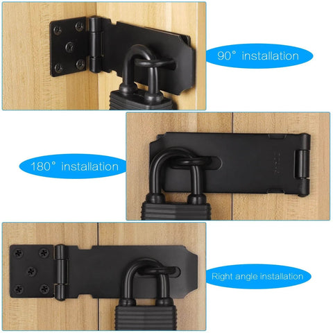 4 Inch Stainless Steel Hasp Latch With Padlock Keys And Screws, Heavy Duty Black Waterproof Gate Lock installed on wooden gate.